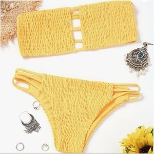 Yellow Strapless Smocked Bikini
